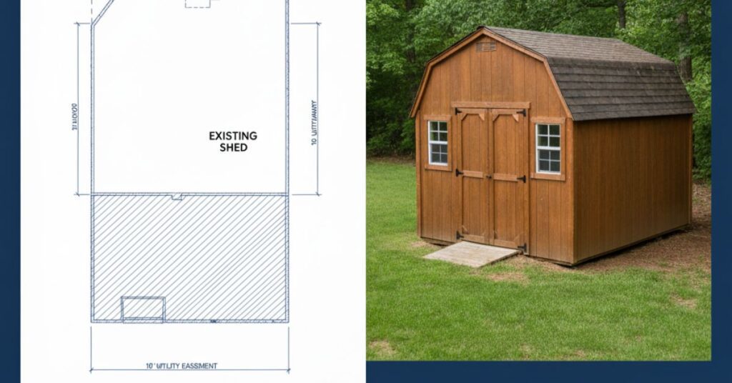 Detailed view showing an Alpharetta shed permit site plan blueprint next to a photograph of an existing brown backyard shed.