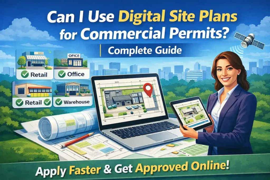 Digital site plans for commercial permits displayed on laptop and tablet for city approval