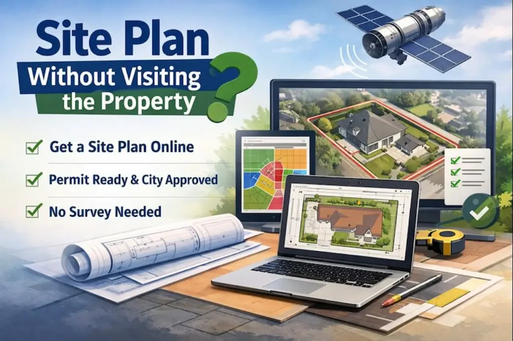 Site plan without visiting the property created online using satellite imagery and digital drafting tools for permit approval