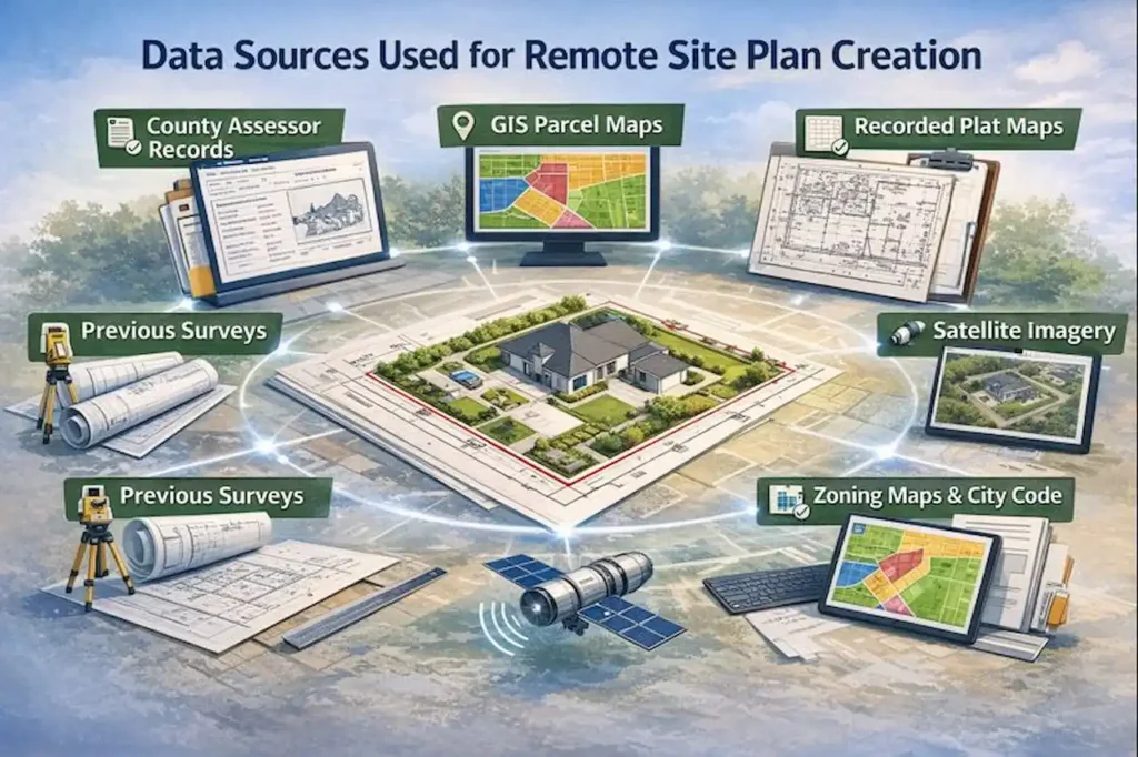Data sources used for remote site plan creation including satellite imagery, GIS parcel maps, zoning data, and county records.