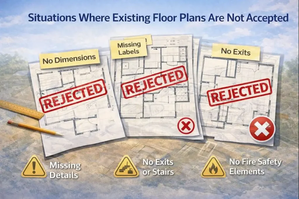 Examples of existing floor plans rejected for permits due to missing dimensions, labels, exits, and fire safety details.