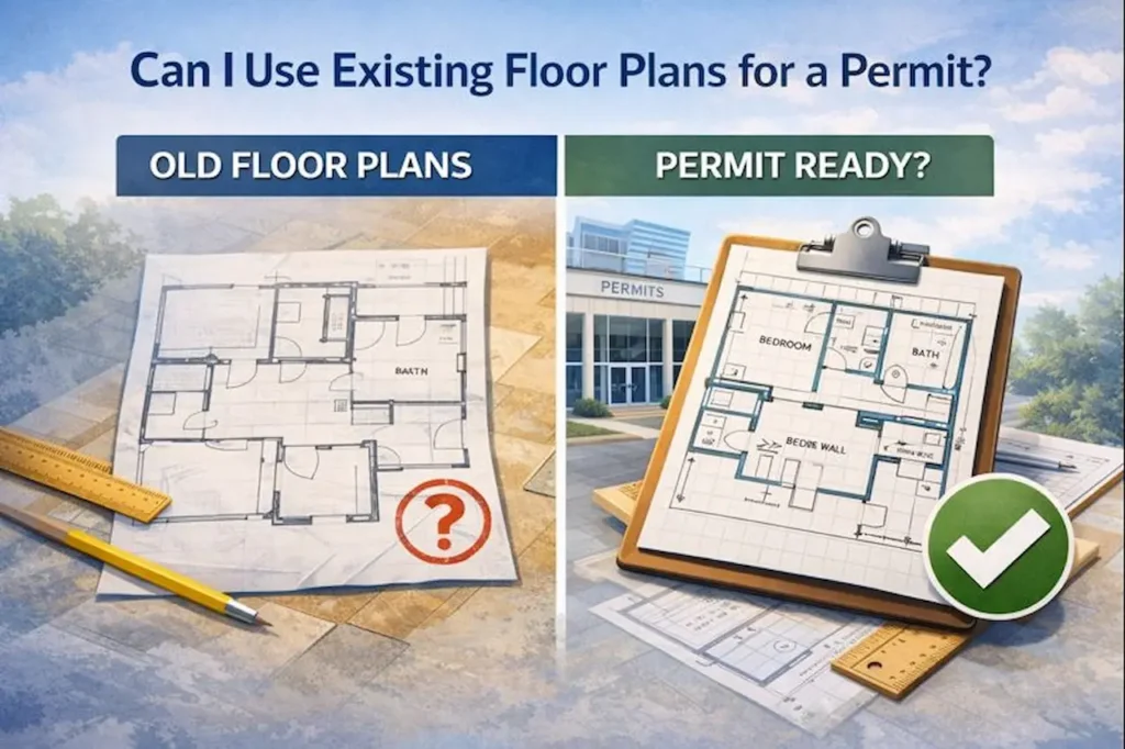 Comparison of old floor plans versus permit-ready floor plans, showing how existing drawings are updated for building permit approval
